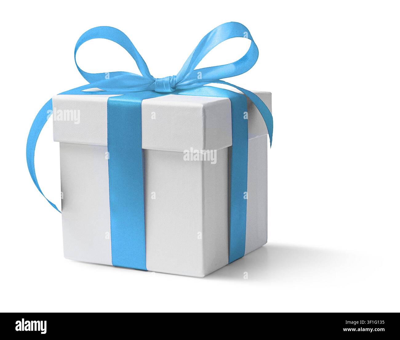 Square Gift box with blue ribbon isolated on white background. Stock Photo