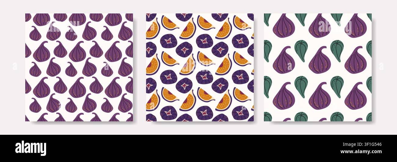 Set of Bright Summer Seamless Fig Patterns with Whole Fruits Half Slices and Green Leaves Stock Vector