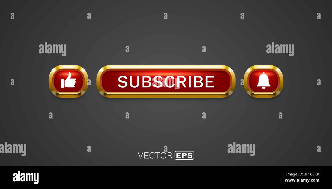 Premium red and gold subscribe button set for online content, including like and bell icons. Vector illustration Stock Vector