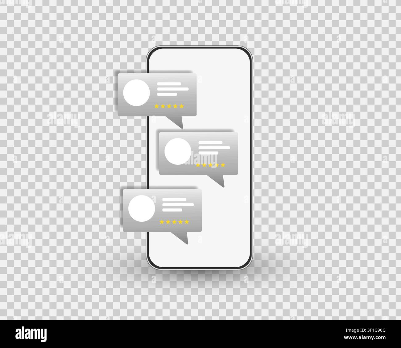 Modern smartphone mockup with customer review cards and five star ratings on light background. User feedback and testimonial concept for mobile app. Stock Vector