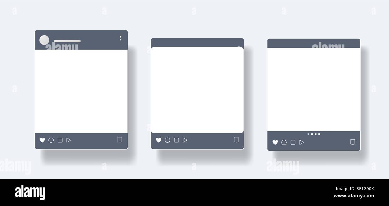 Modern editable content card templates with clean minimal user interface on light background. Square UI layout set for digital content, mobile app. Stock Vector