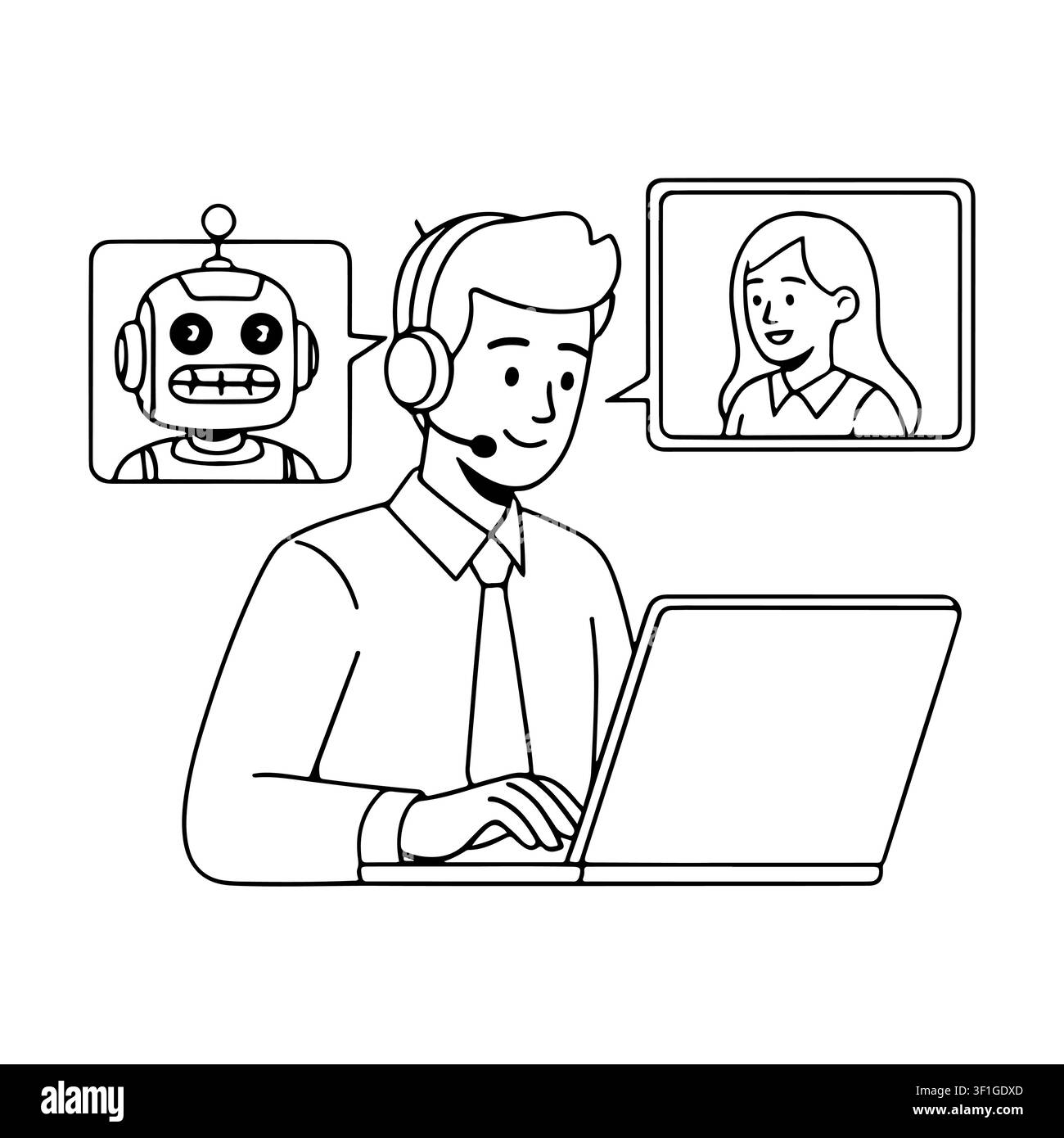 Customer Support Agent Using AI Chatbot and Video Call Line Art.  Stock Vector
