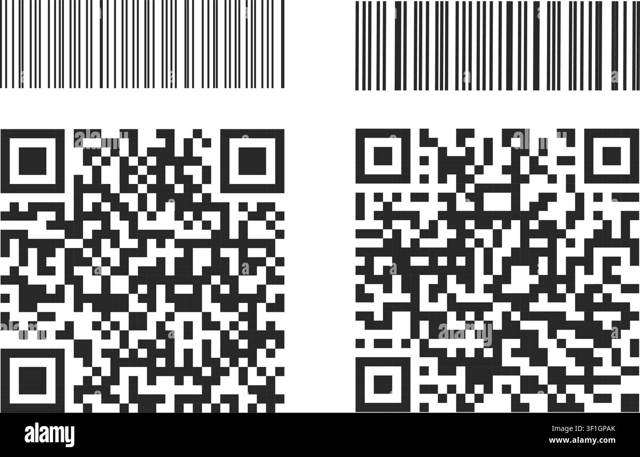 A set of digital identification symbols including traditional vertical bar codes and two dimensional matrix codes for data scanning and tracking. Stock Vector