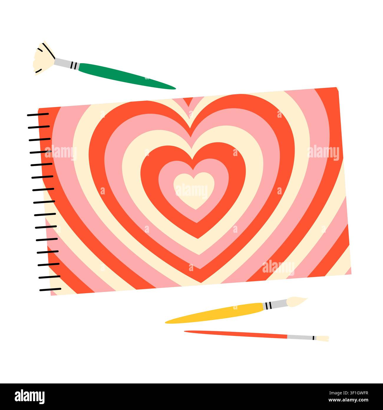 Cute sketchbook with heart pattern and paintbrushe Stock Vector