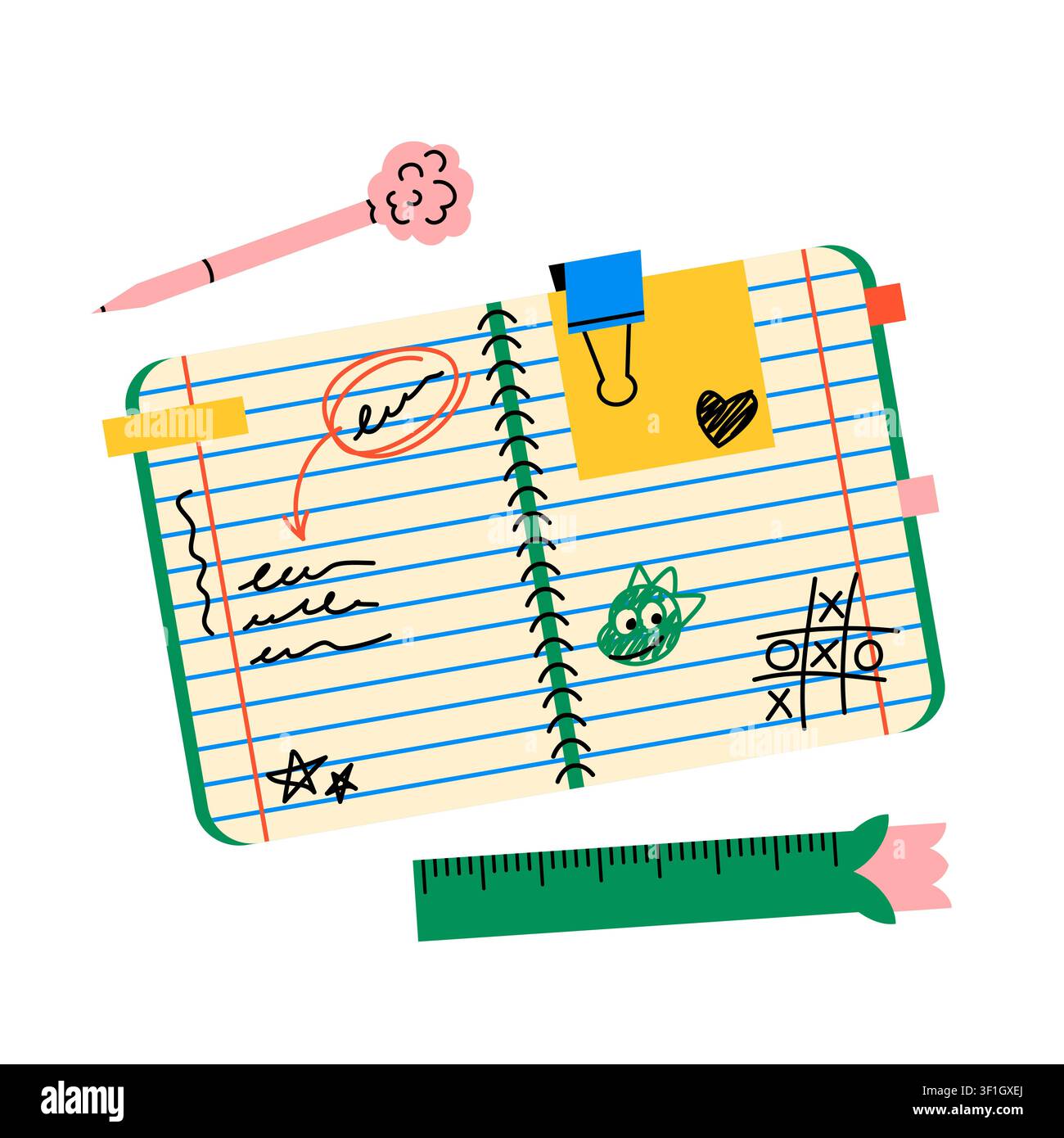 Open lined notebook with doodles and stationery  Stock Vector