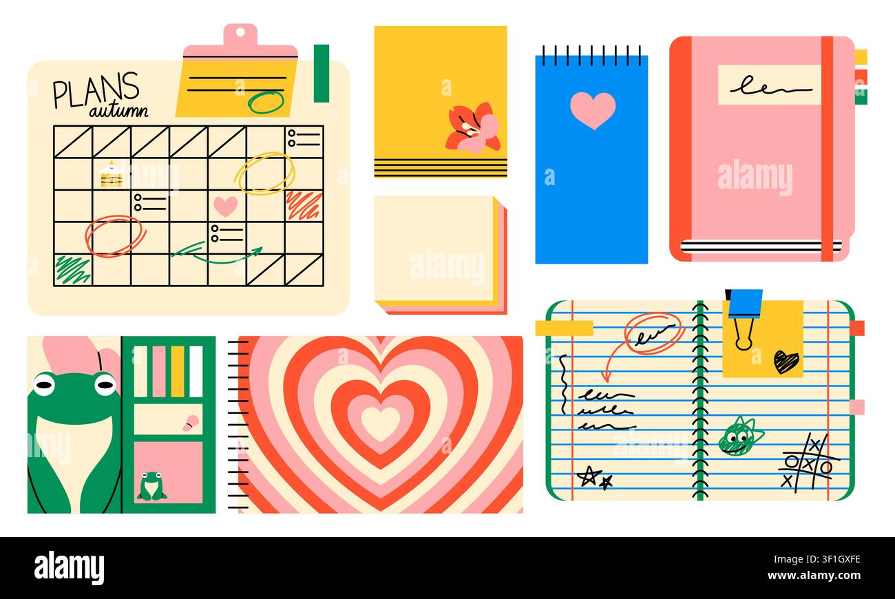 Cute planners notebooks and sticky notes set Stock Vector