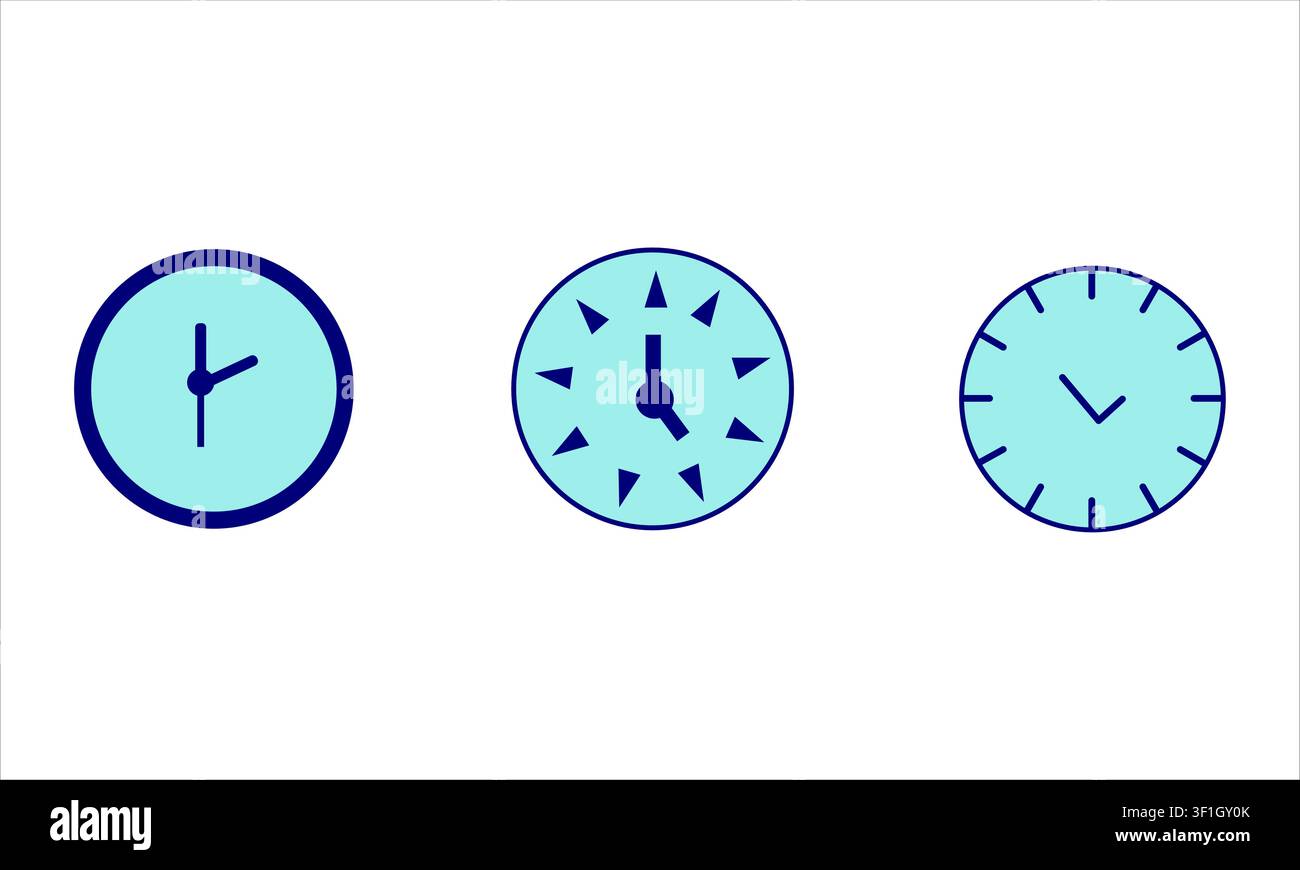 blue clock icon set-minimal flat wall clock vector illustrations Stock Vector