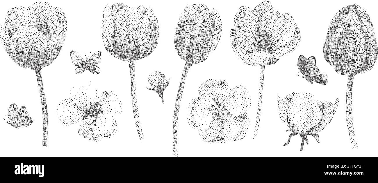 Abstract flower illustrations built from stipple dots Stock Vector
