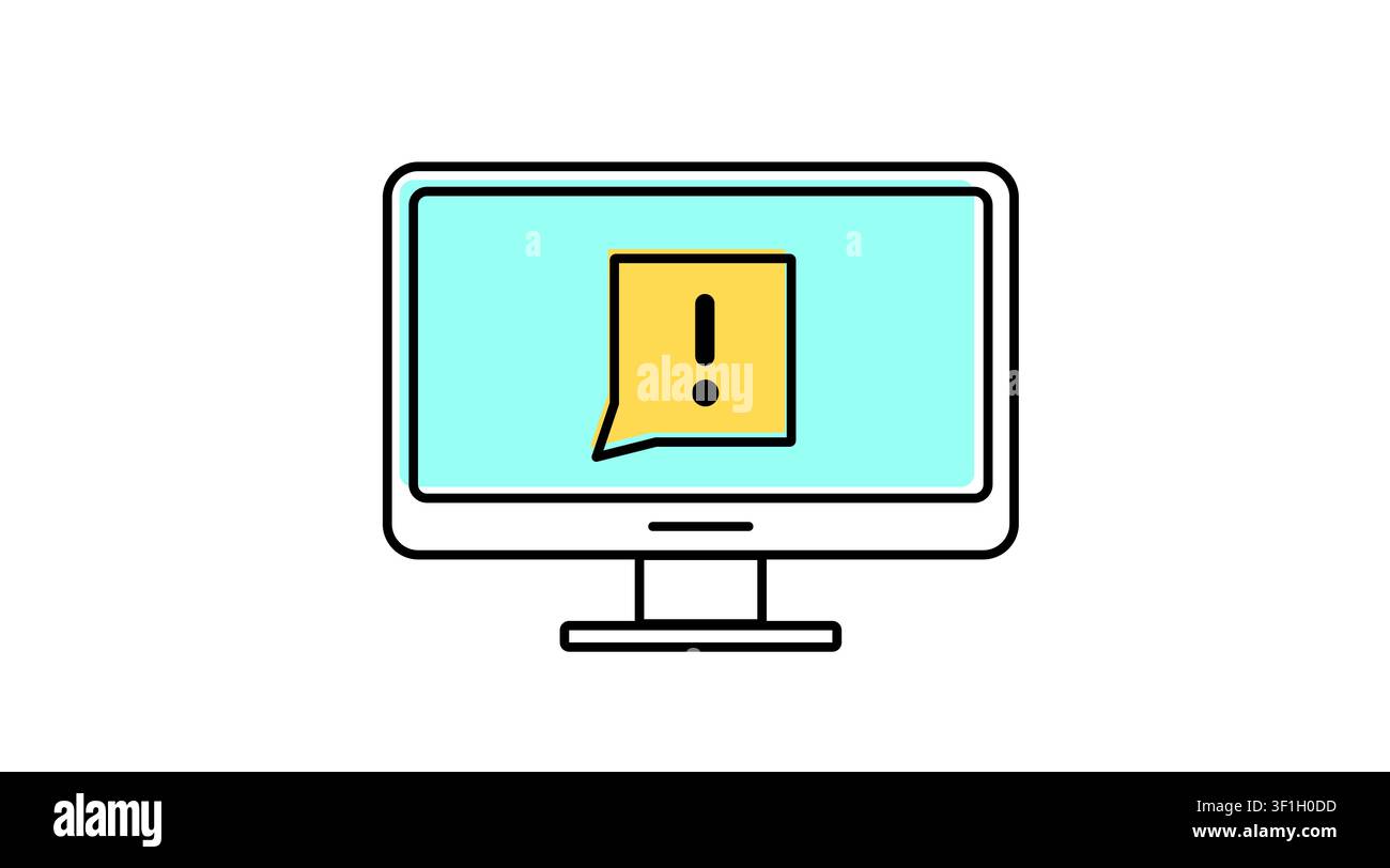Desktop computer system warning icon: PC workstation displaying exclamation mark alert symbol on screen, modern offset color line art vector illustrat Stock Vector