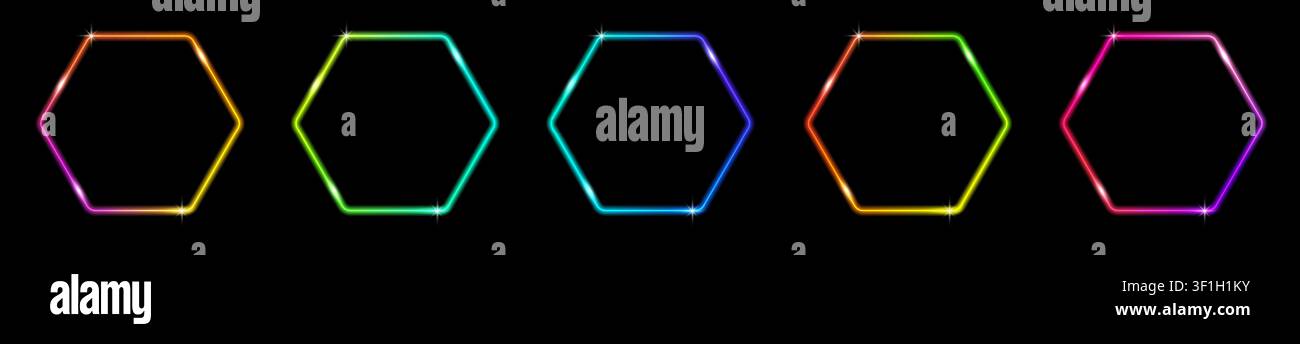 Bright outline buttons and labels with LED glow in multiple colors. Neon call to action set for game UI, website and infographic design. Stock Vector