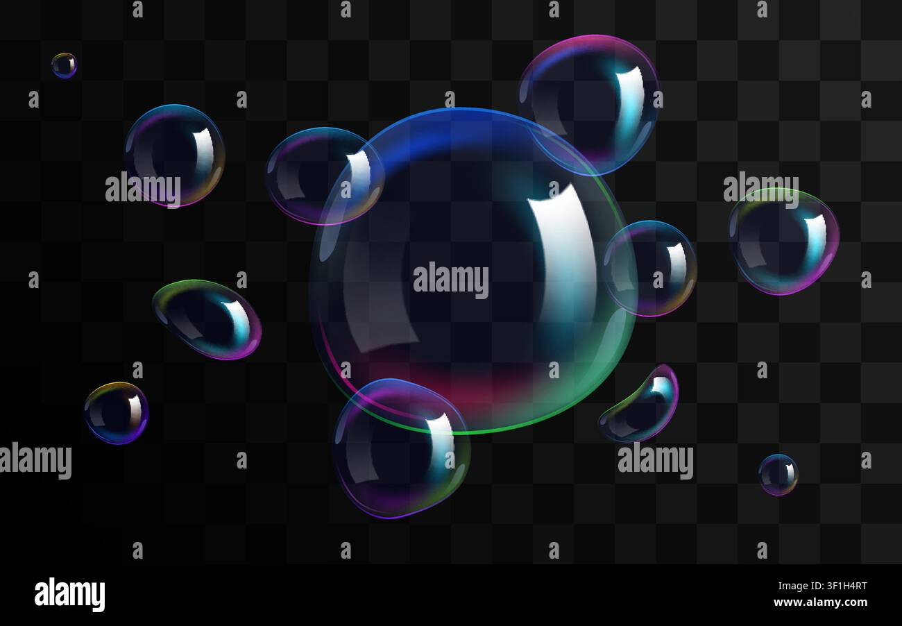 Floating transparent soap bubbles with rainbow reflections. Abstract design element on dark background. Vector illustration Stock Vector