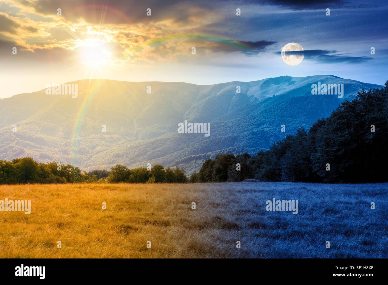 mountain landscape of ukraine. day meet night. sun and moon over alpine grassy meadow and deciduous forest on the hill. equinox nature background for Stock Photo