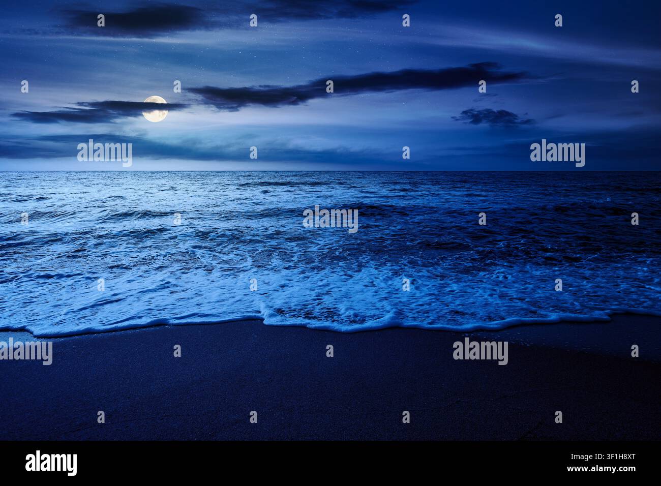 black sea landscape in summer at night. full moon over bulgaria nature landscape with sandy beach. mysterious summer vacation at the sea shore concept Stock Photo