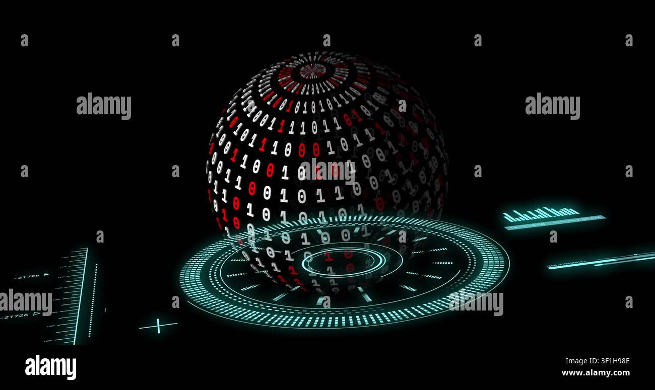 Sphere descending and rotating over tech HUD causing scanning rings and aligning binary for scan Stock Photo