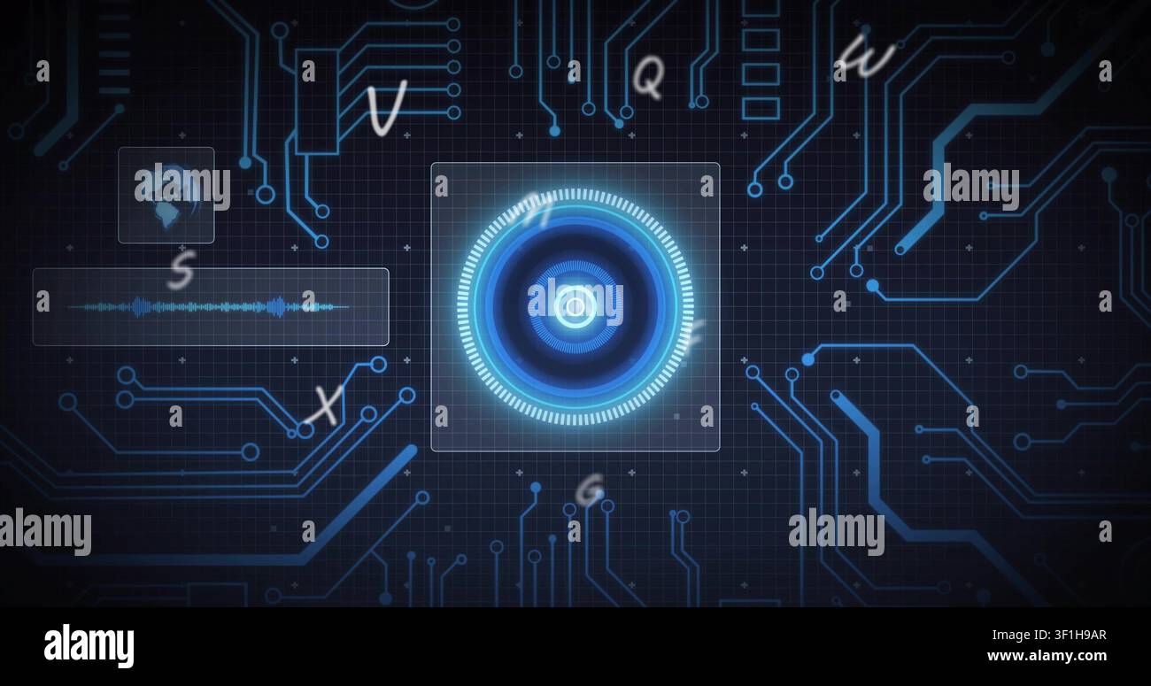 When waveform bar activating, central HUD brightening, pulsing, rotating rings visualizing data Stock Photo