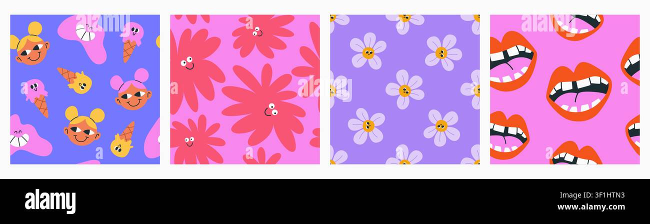 Funky Seamless Patterns with doodle elements. Stock Vector