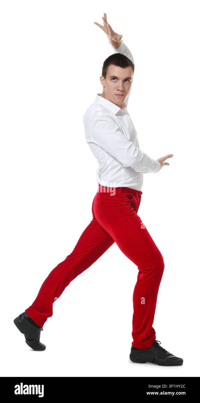 Professional dancer practicing moves on white background Stock Photo
