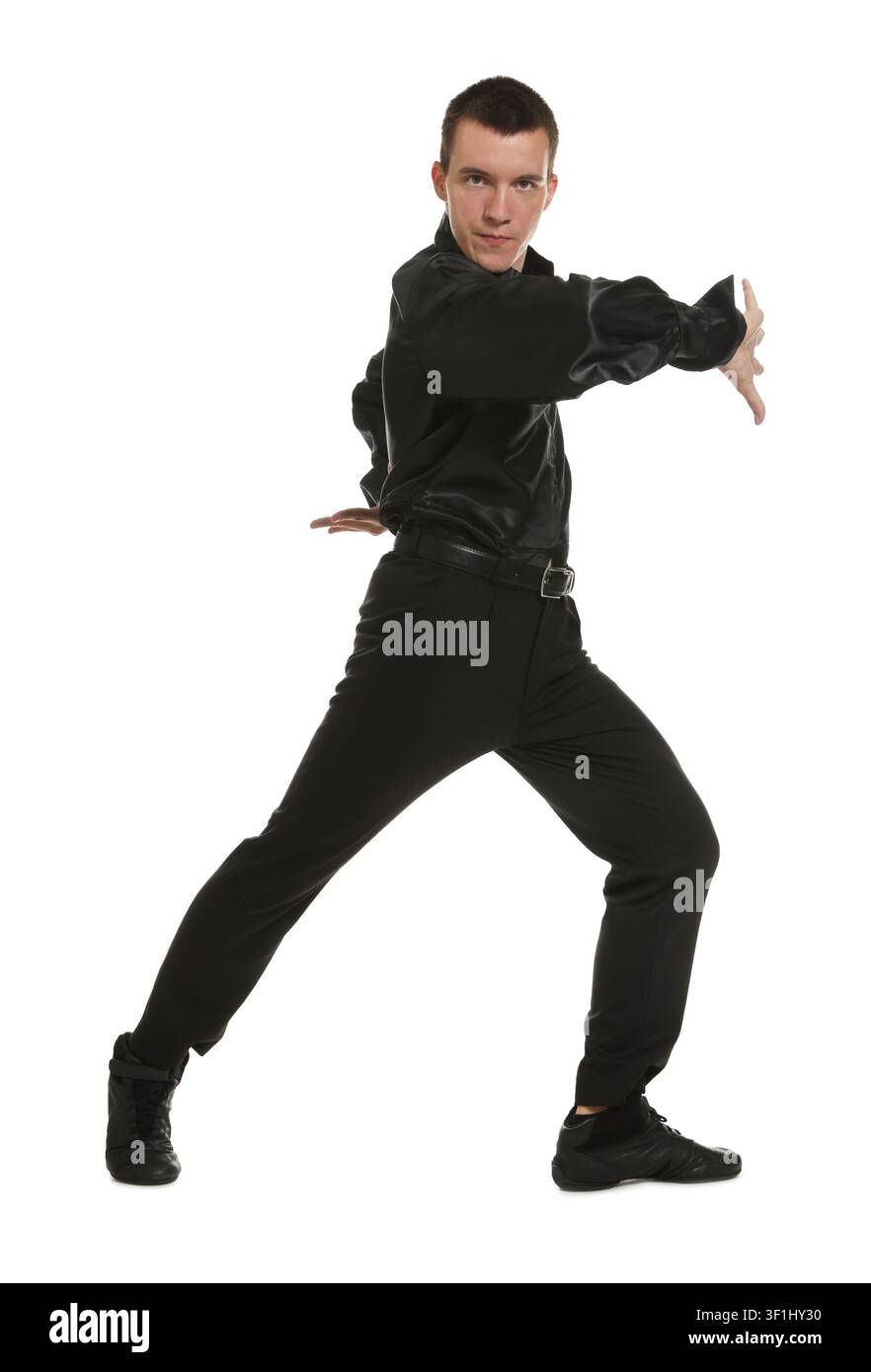 Professional dancer practicing moves on white background Stock Photo