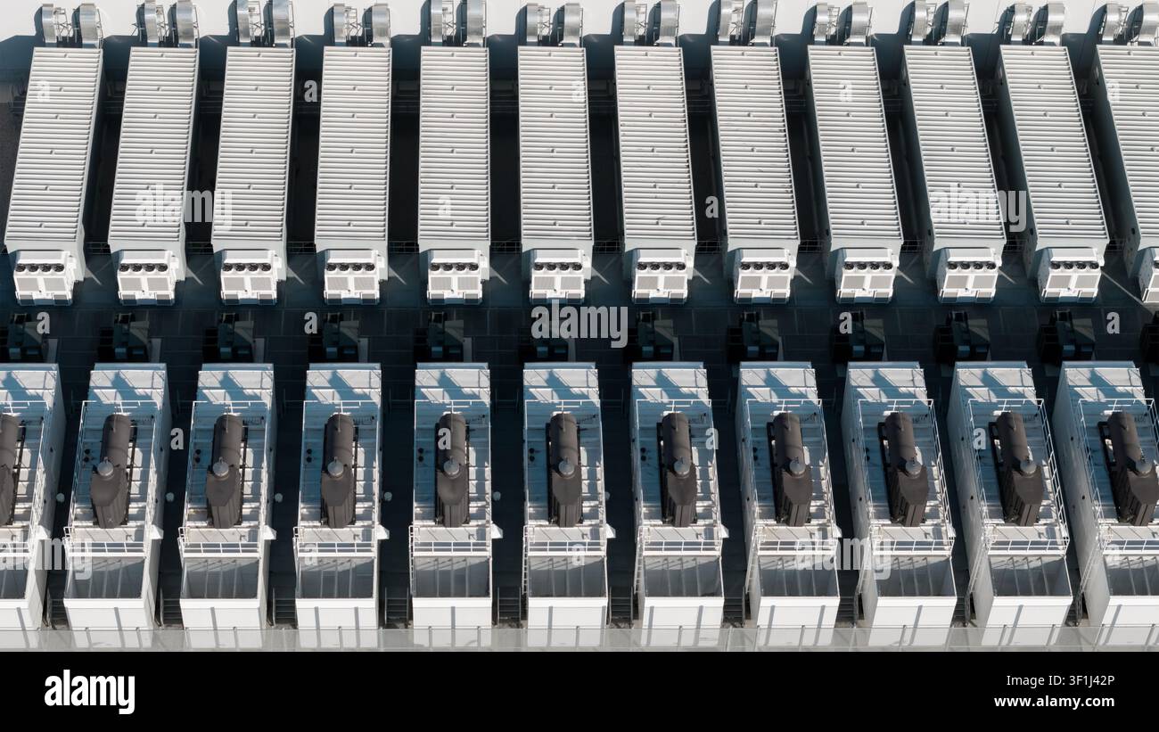 Data center roof showing server cooling units and IT infrastructure Stock Photo