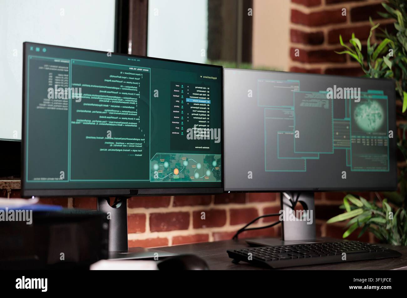 Computer screens display javascript code in an empty programming office, with security systems and data algorithms running in the background. Stock Photo