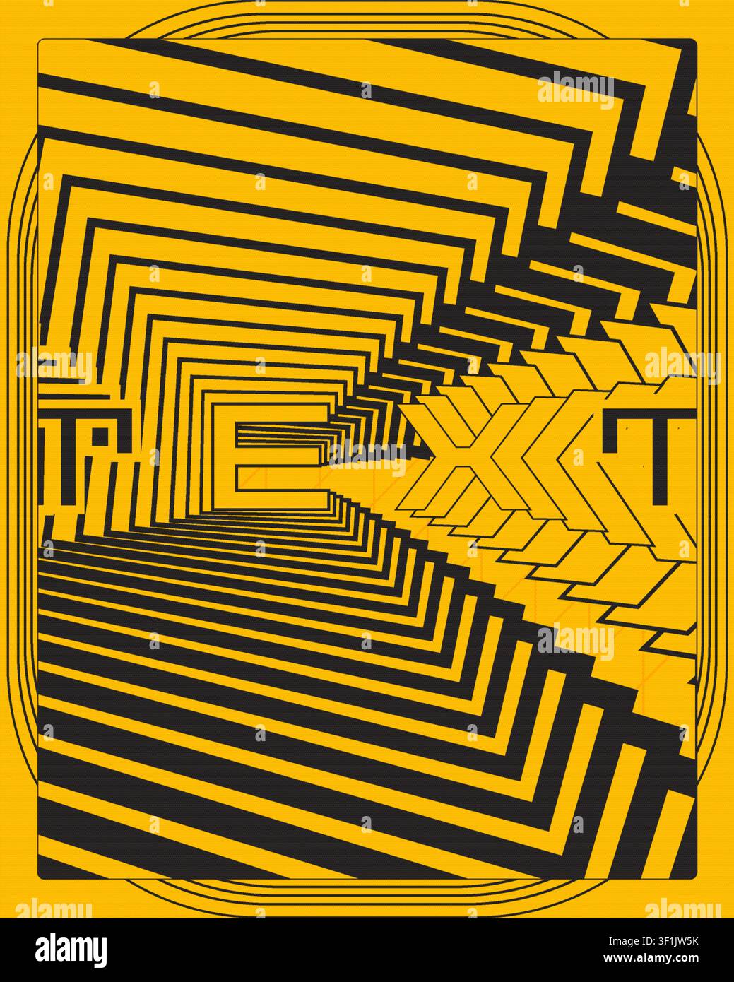 Trippy optical illusion typography poster yellow black geometric depth wall art print modern abstract visual distortion graphic illustration artwork Stock Vector