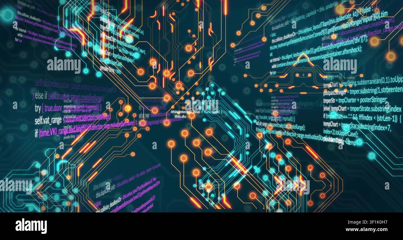 Camera moving forward, luminous circuit network pulsing and revealing floating code for tech demo Stock Photo