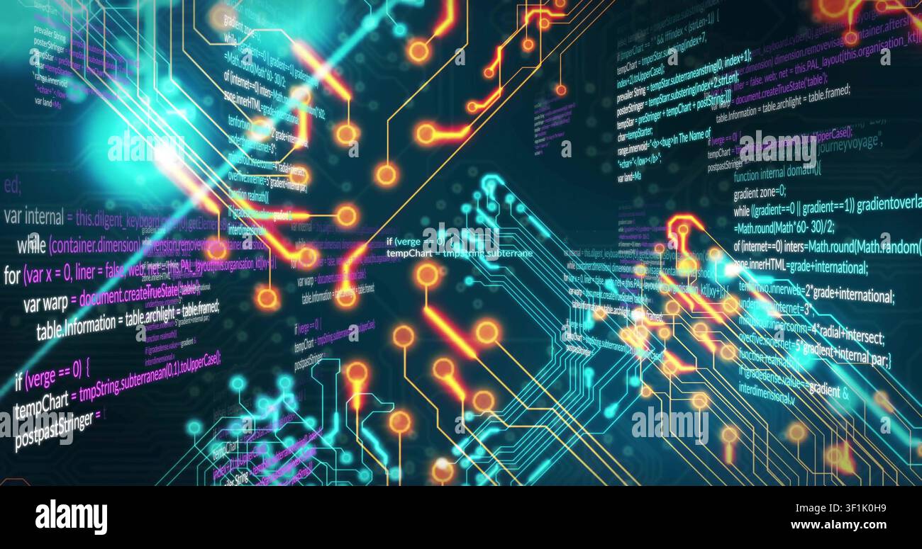 Camera moving forward, luminous circuit network pulsing and revealing floating code for tech demo Stock Photo