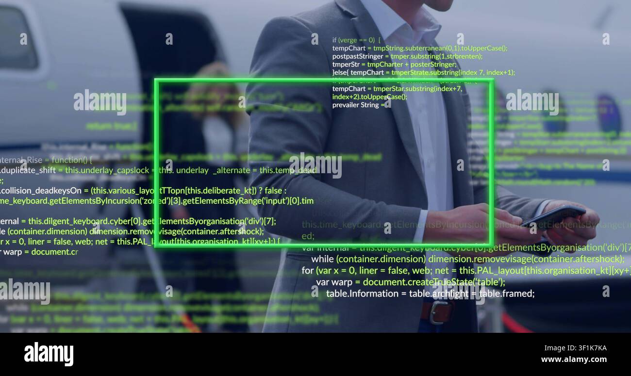 Male exec manipulating phone at jet ramp, verifying flight data via green UI code Stock Photo