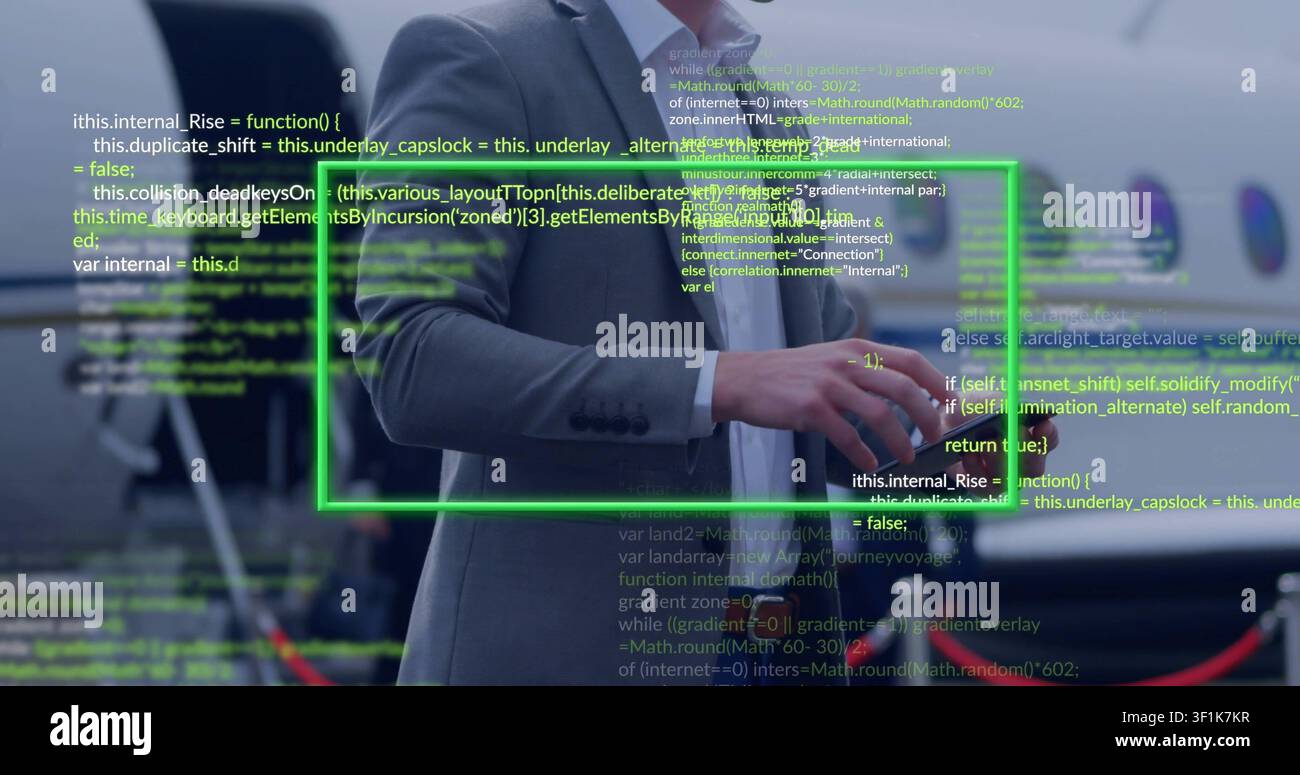 Male exec manipulating phone at jet ramp, verifying flight data via green UI code Stock Photo