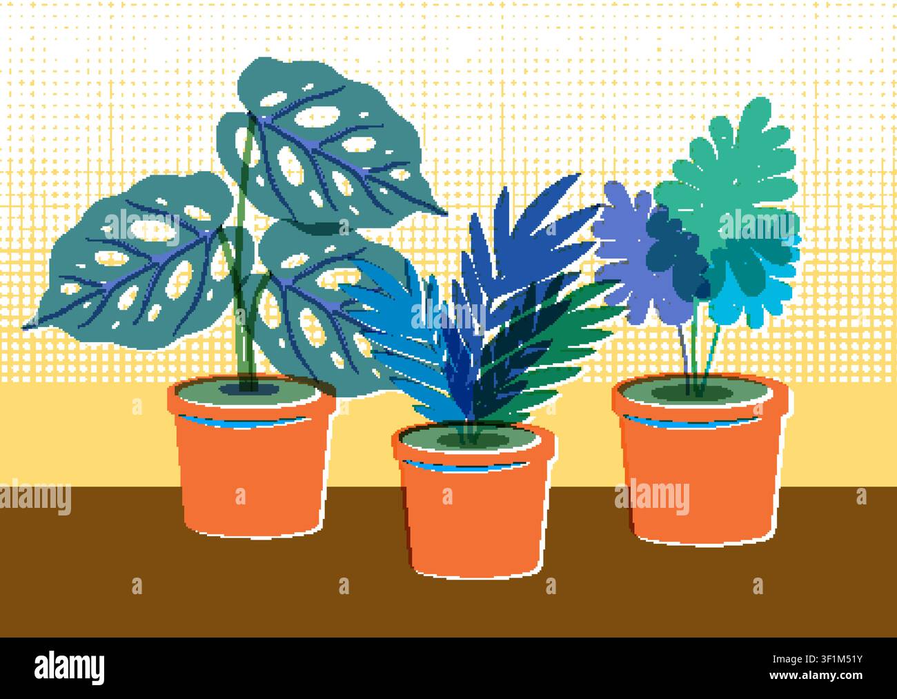 Stylized botanical print with three potted tropical plants using risograph textures and halftone backgrounds. Stock Vector