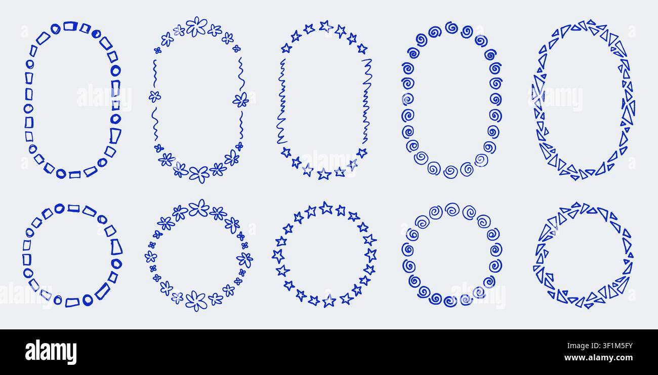 Funny doodle round frames set. Blue hand drawn oval and circle borders collection Stock Vector