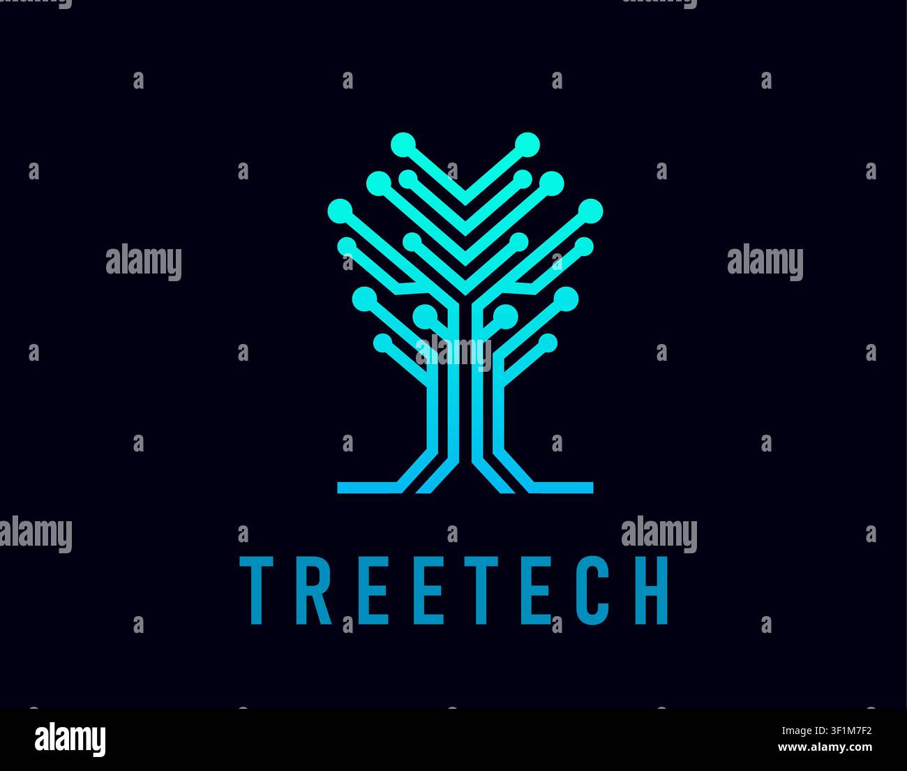Sleek tree tech emblem featuring symmetric circuit pattern with angular layered branches, dot terminals and cyan blue gradient glow. Elegant tech symb Stock Vector