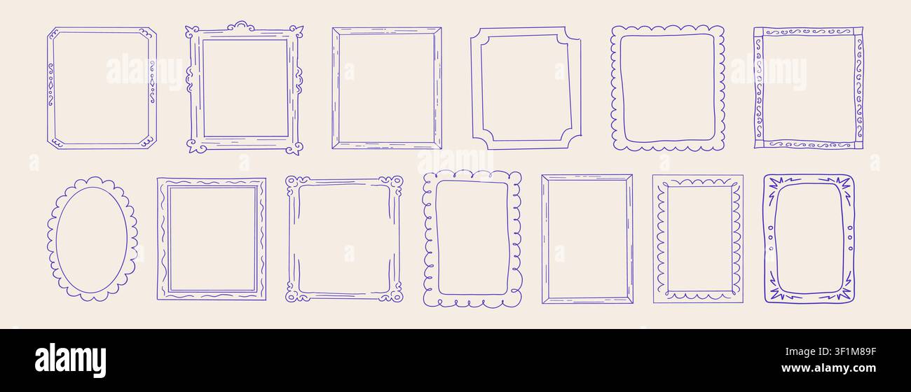 Whimsical doodle frames with crayon line scribbles and funky borders. Set line retro rectangular, perfect for invitations, scrapbooks, and creative frame designs. . Vector illustration Stock Vector