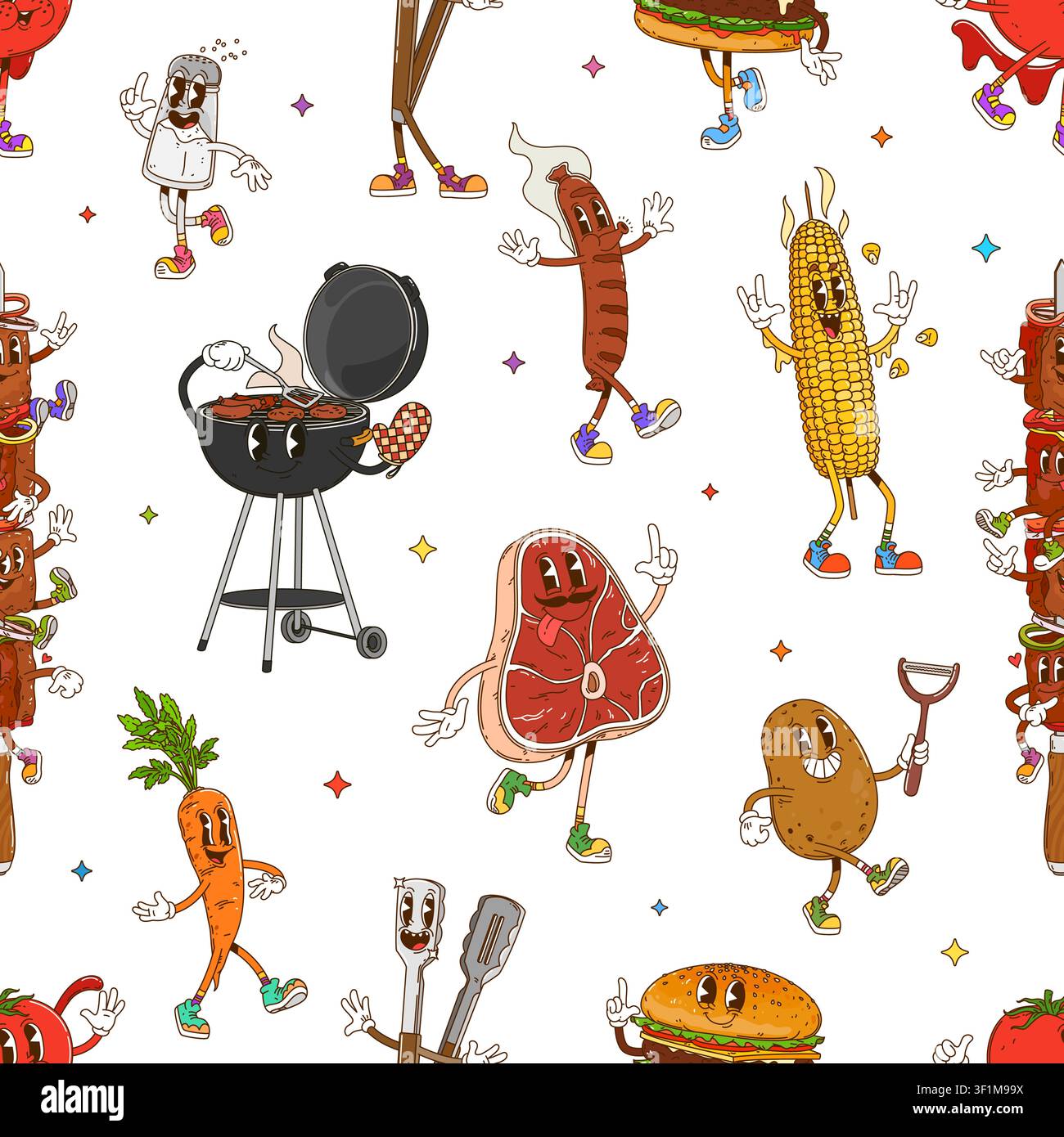 Cartoon groovy barbecue, BBQ seamless pattern Stock Vector