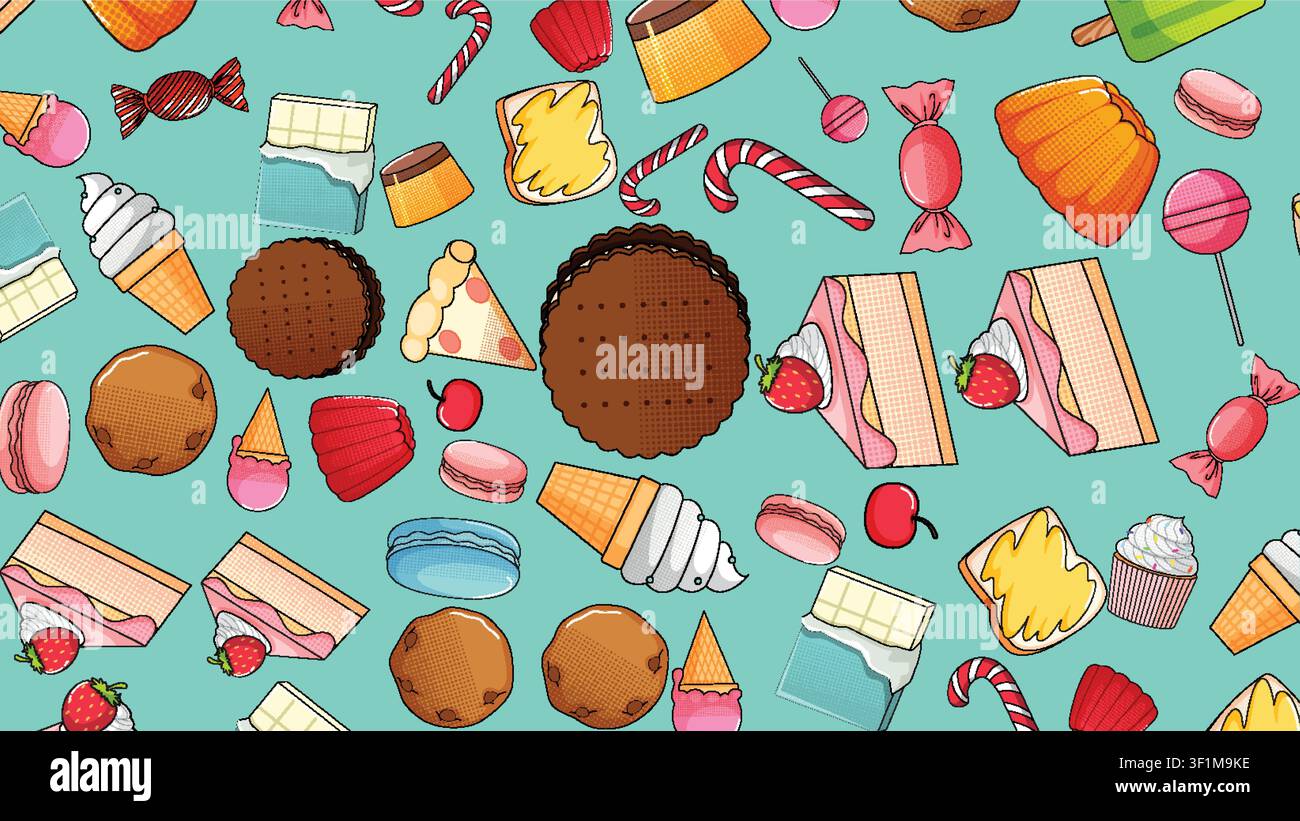Vibrant vector pattern with ice cream, cake, and candy in a retro comic style. Stock Vector