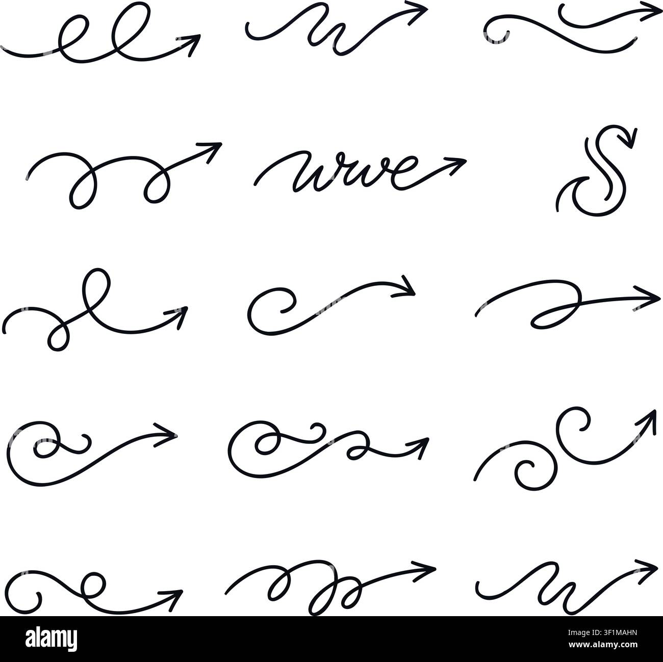 Hand drawn swirly arrow set scribble line art vector illustration on white Stock Vector