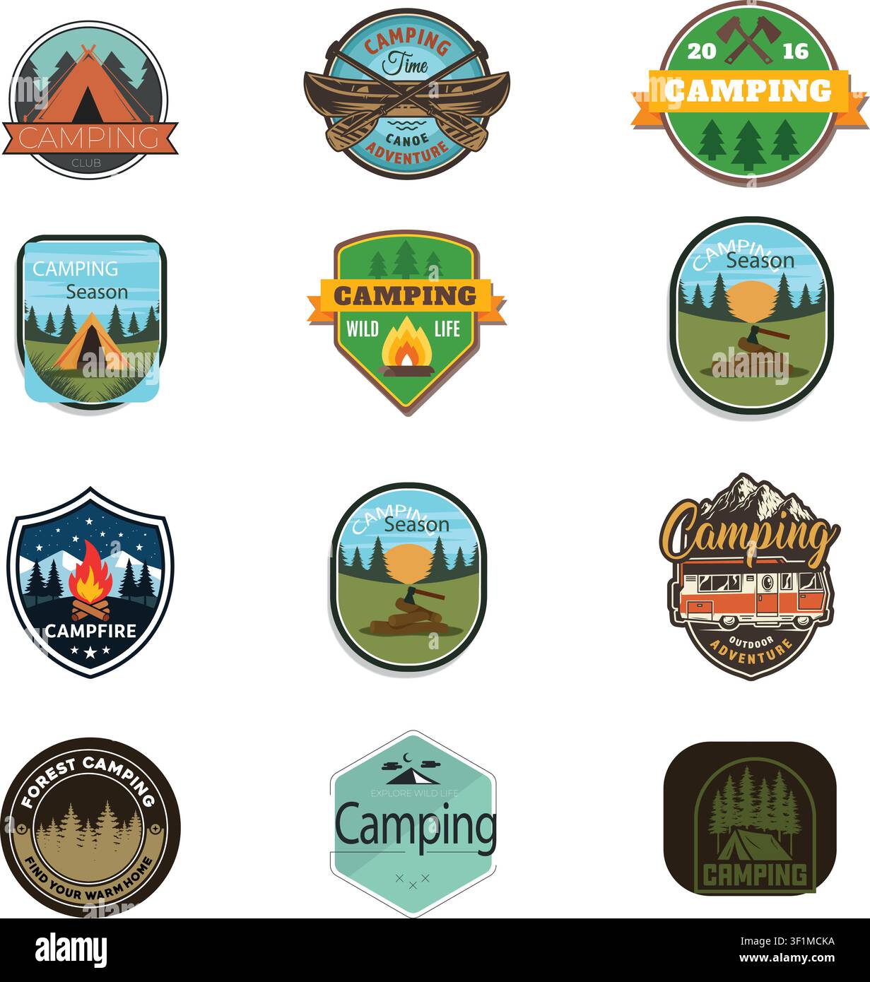 Forest camping and outdoor adventure vintage badge collection. Tent, campfire, and tourist bus graphics vector set. Stock Vector