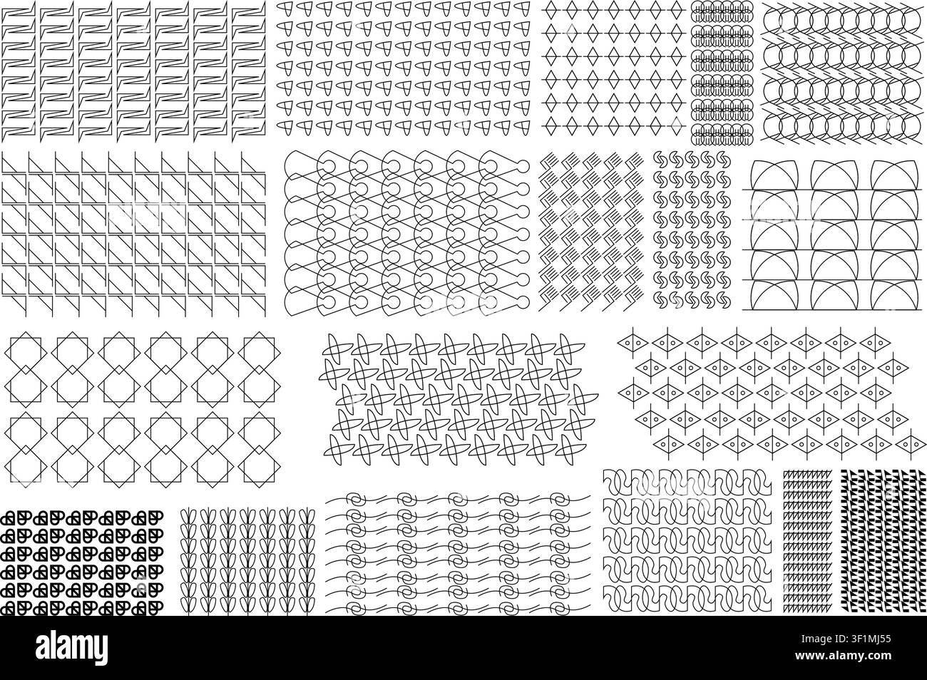 Abstract Geometric Seamless Pattern Collection Set Vector Line Art Repeat Tile Texture Background Hatching Zigzag Triangle Diamond Circle Spiral Wave Stock Vector