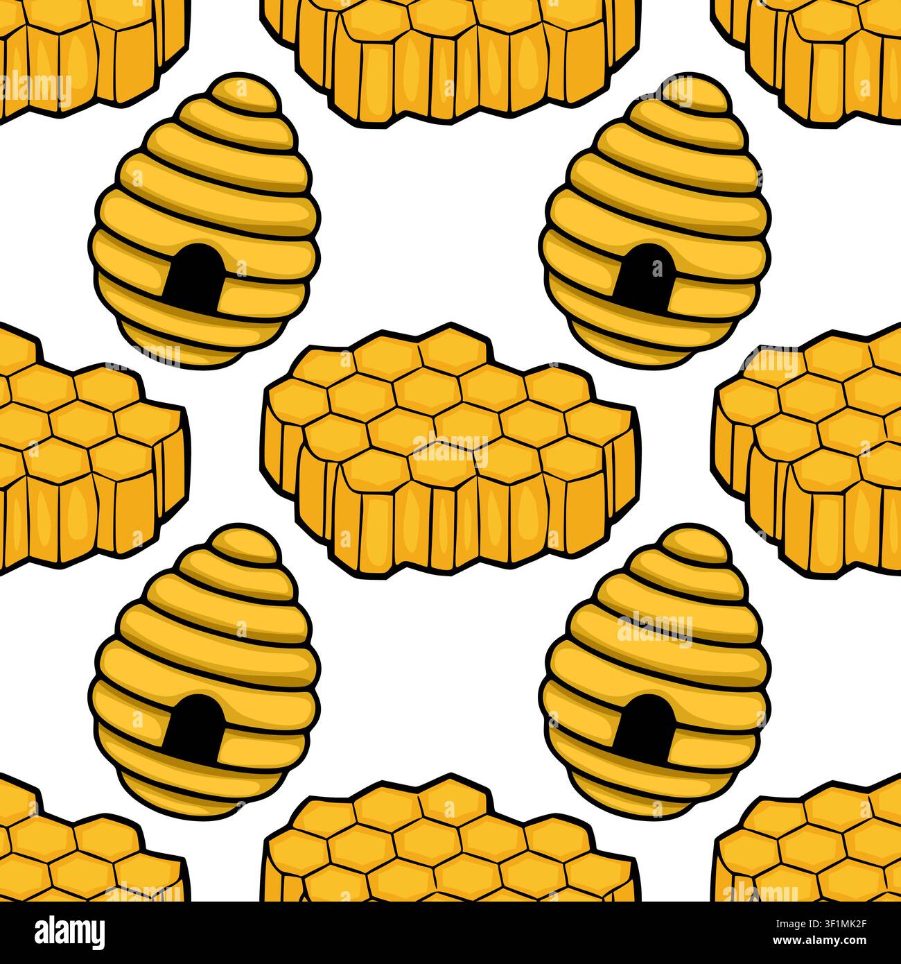 Seamless vector pattern with cartoon beehives and honeycomb structures on a white background Stock Vector