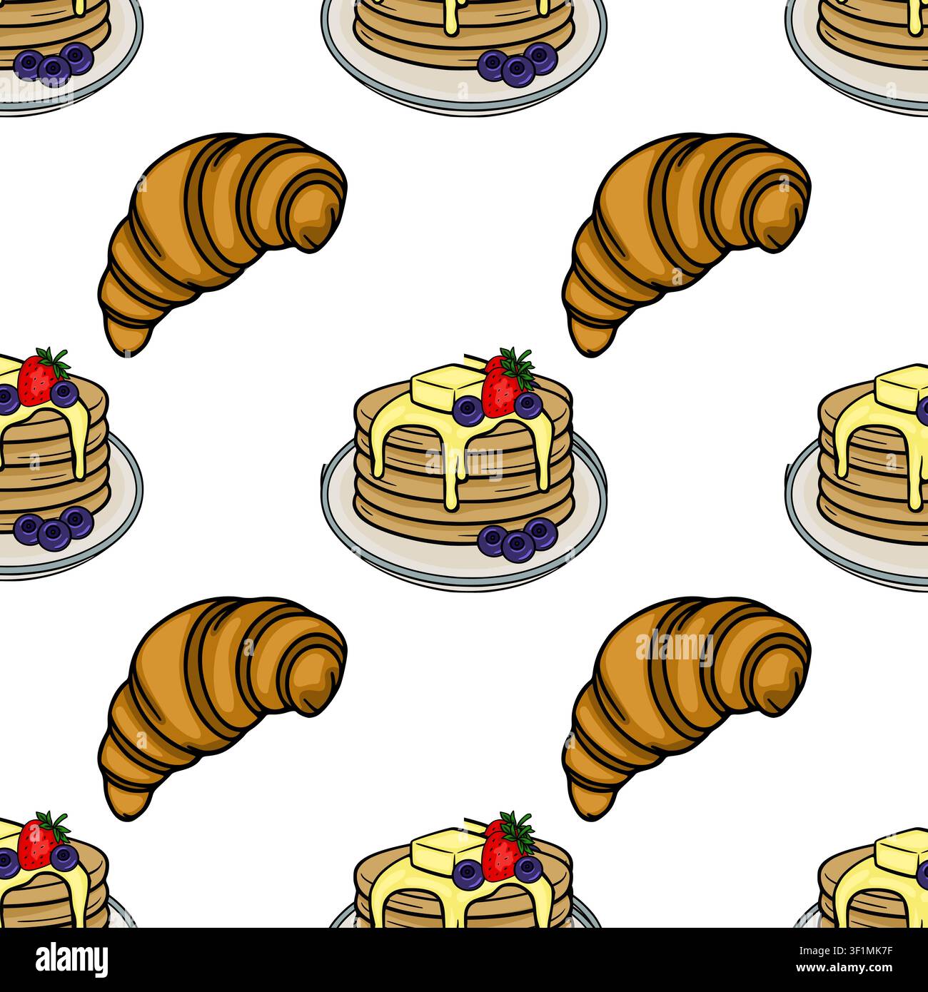 Seamless vector pattern with delicious breakfast pancakes and croissants Stock Vector