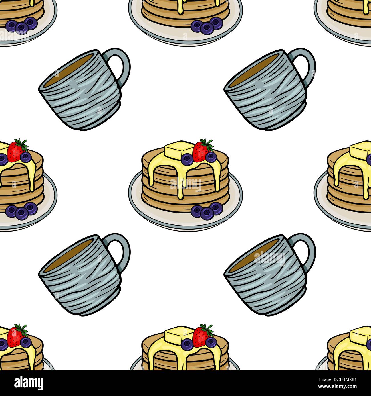 Seamless vector pattern with breakfast pancakes and coffee mugs, featuring delicious syrup, fresh strawberries, and blueberries on a white background. Stock Vector