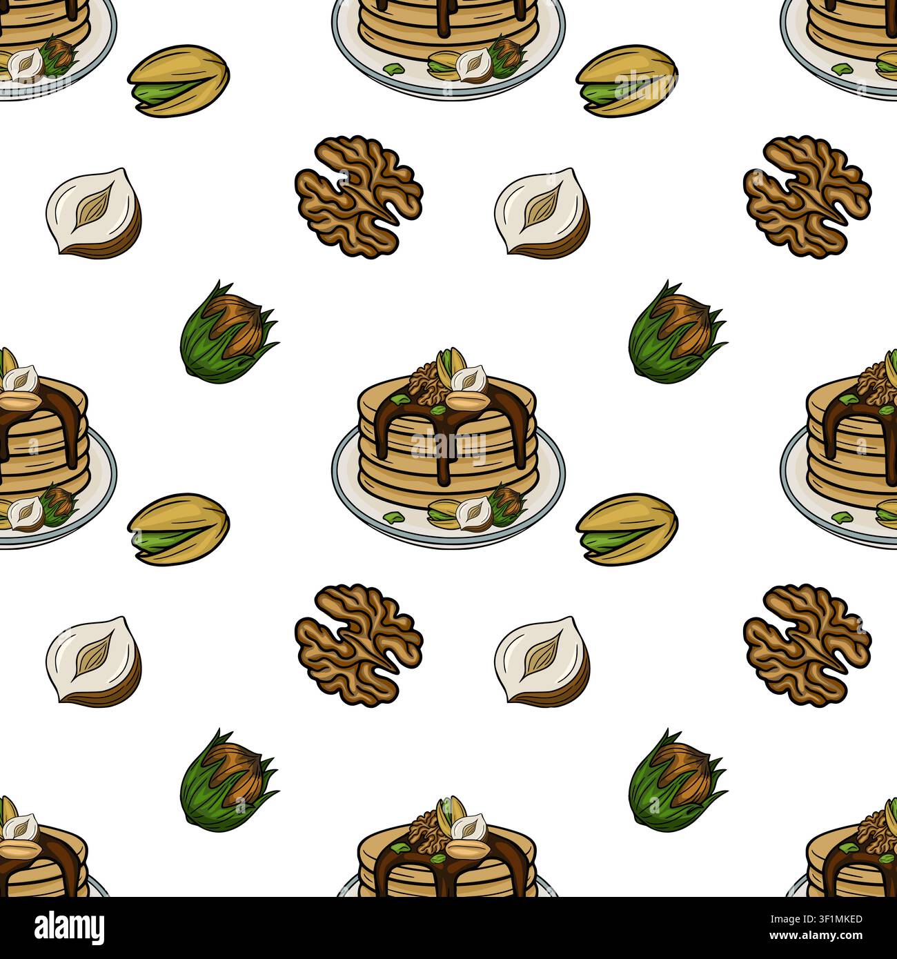 Seamless vector pattern with pancakes and nuts including walnuts, pistachios and hazelnuts Stock Vector