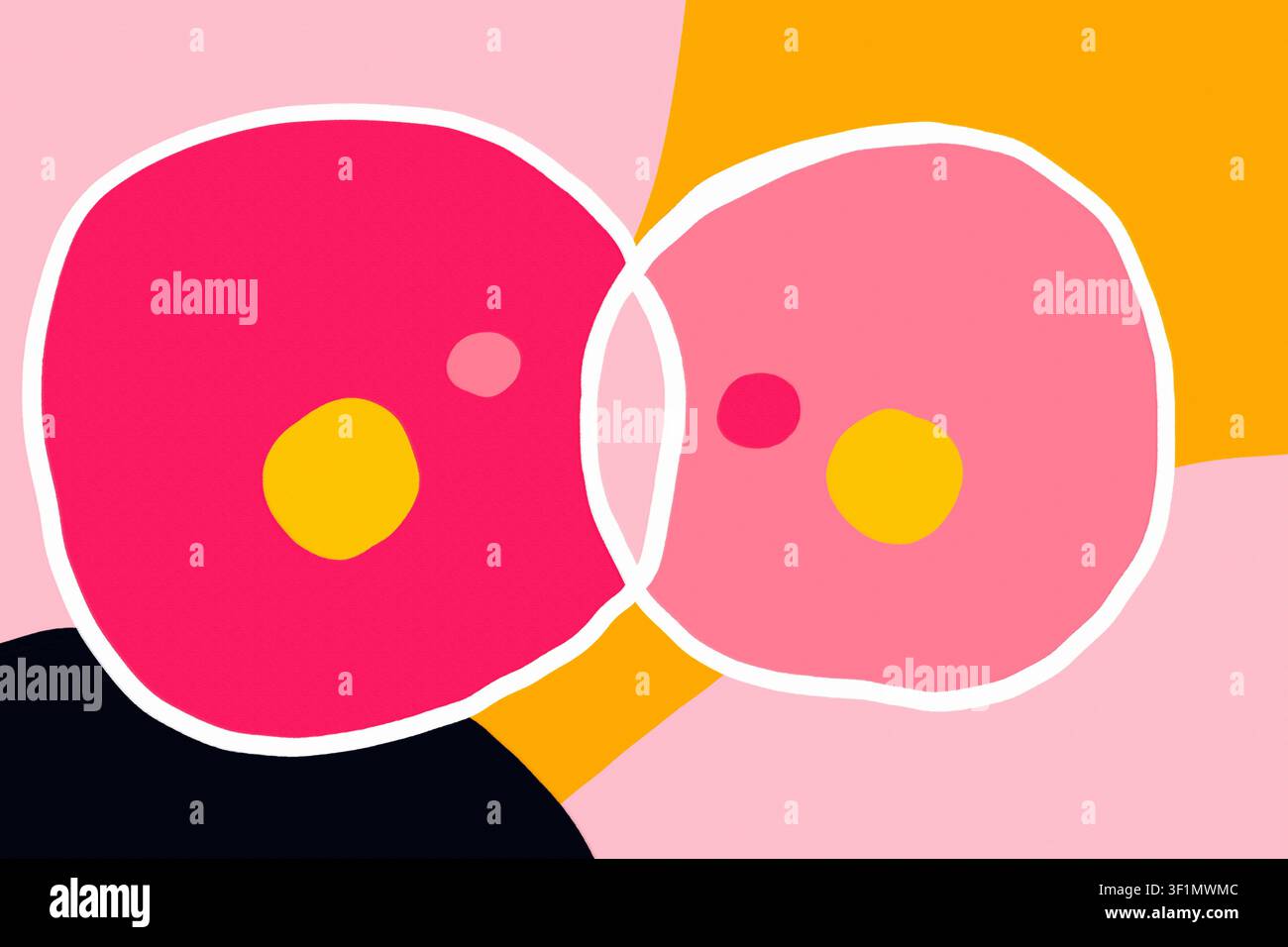 A vibrant abstract artwork featuring intersecting pink circles outlined in white, set against colorful geometric backgrounds in shades of yellow, blac Stock Photo