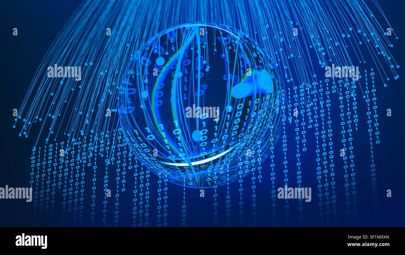 A digital representation shows a sphere made of binary code with streams of data falling. This setting highlights technology and data. Stock Photo