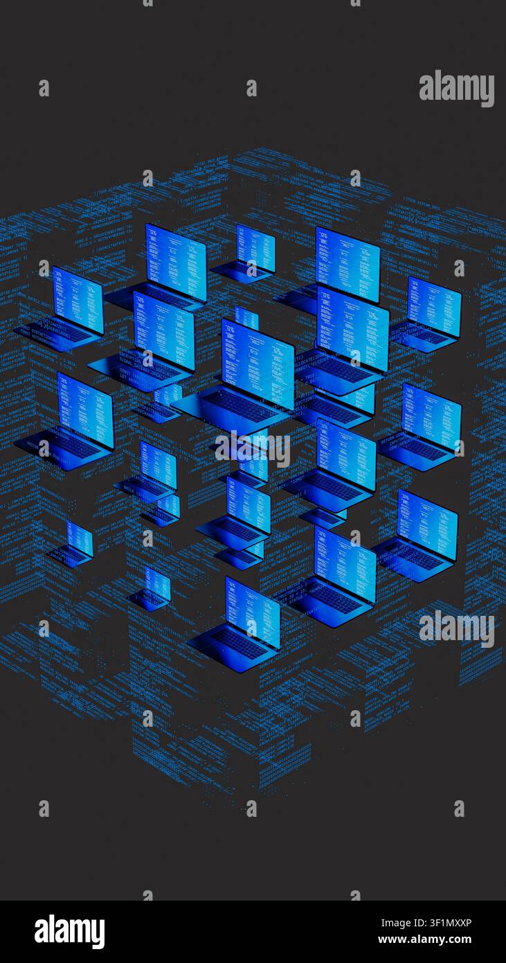 Multiple laptops with code on screens float in a digital environment, highlighting network technology. The scene shows a tech-inspired concept. Stock Photo