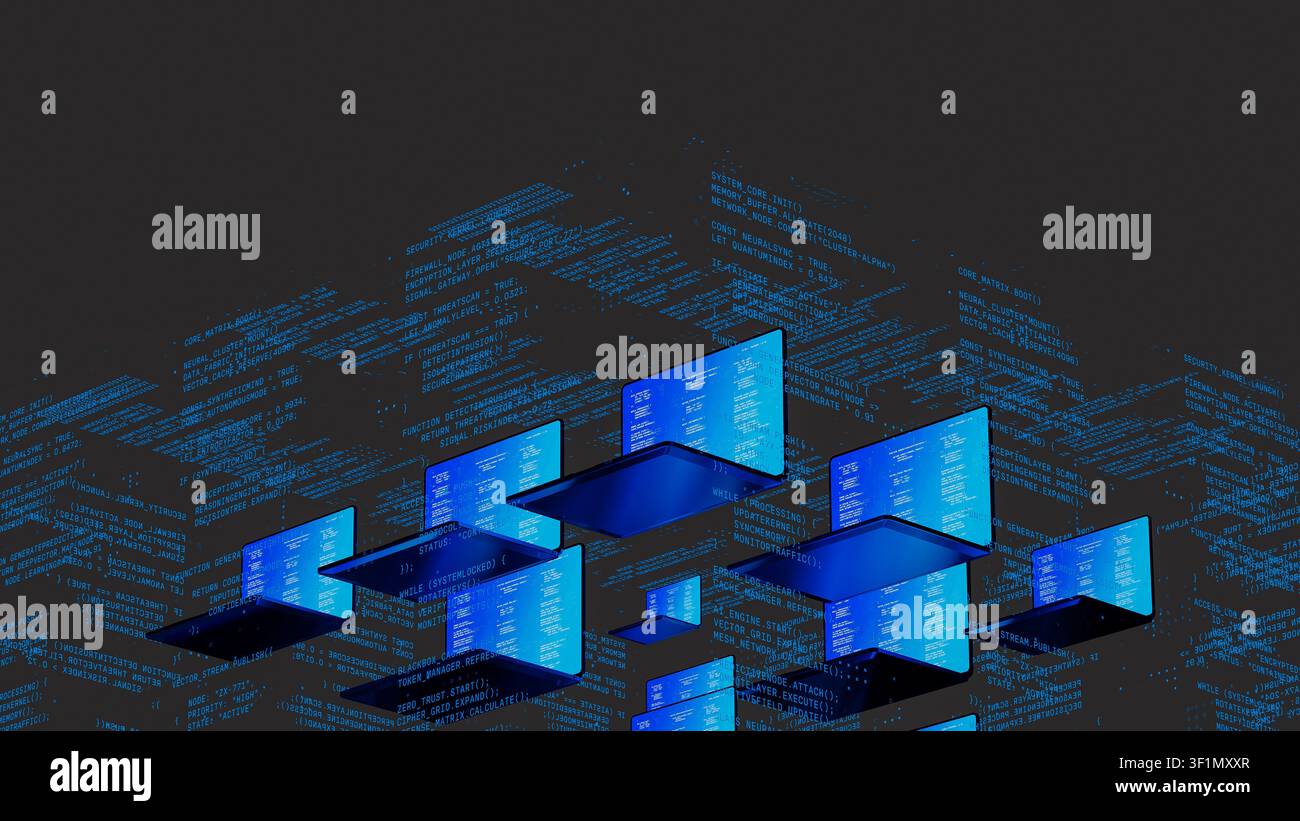 Multiple laptops with code on screens float in a digital environment, highlighting network technology. The scene shows a tech-inspired concept. Stock Photo