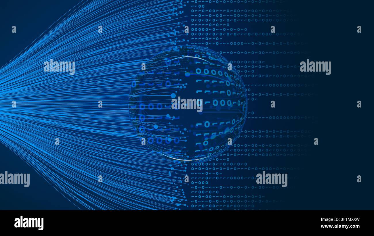 A digital representation shows a sphere made of binary code with streams of data falling. This setting highlights technology and data. Stock Photo