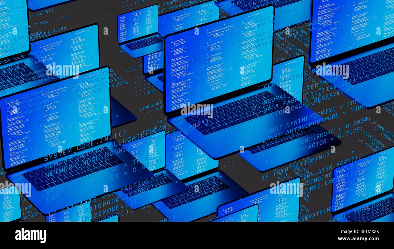 Multiple laptops with code on screens float in a digital environment, highlighting network technology. The scene shows a tech-inspired concept. Stock Photo