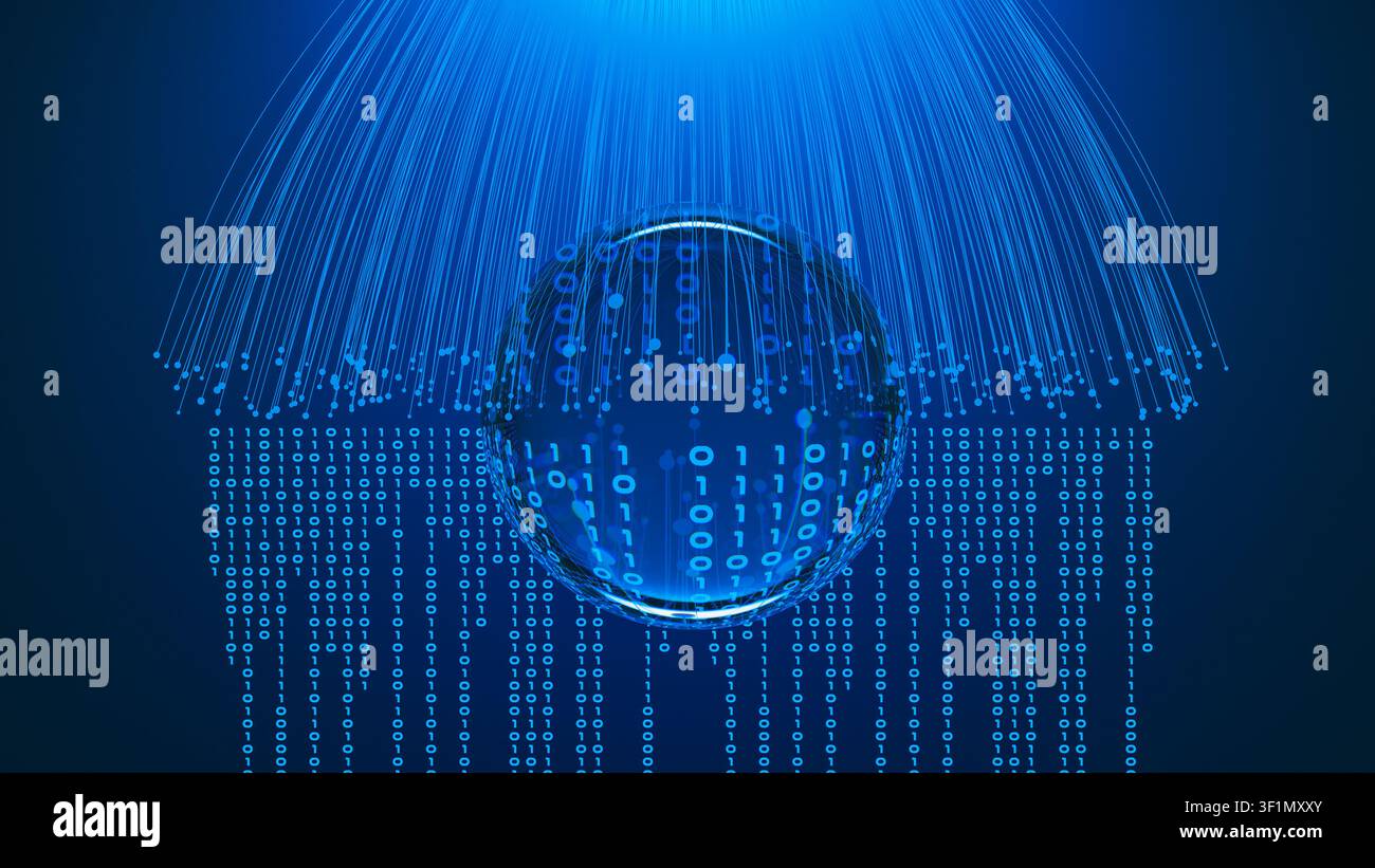 A digital representation shows a sphere made of binary code with streams of data falling. This setting highlights technology and data. Stock Photo