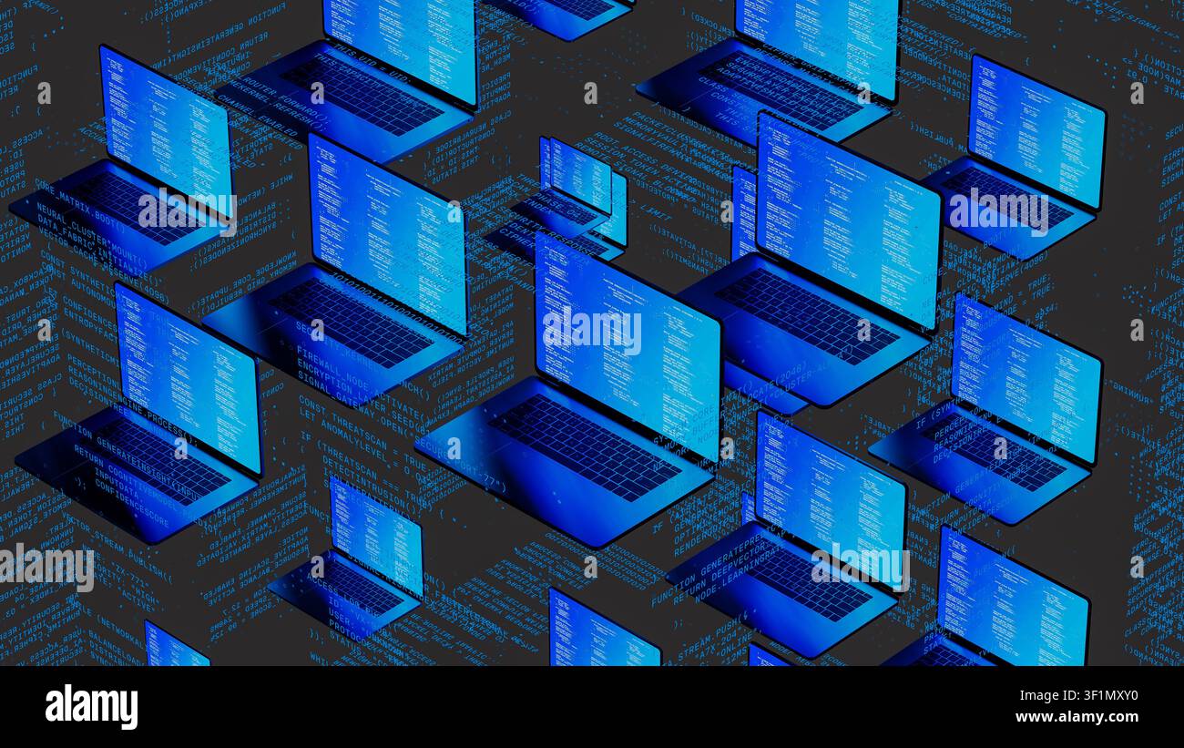 Multiple laptops with code on screens float in a digital environment, highlighting network technology. The scene shows a tech-inspired concept. Stock Photo